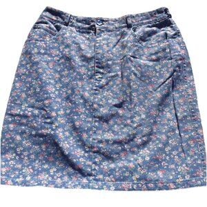 Vtg 80s Calico Floral Boho Light Blue Cotton Denim Women's S 30” Pencil Skirt